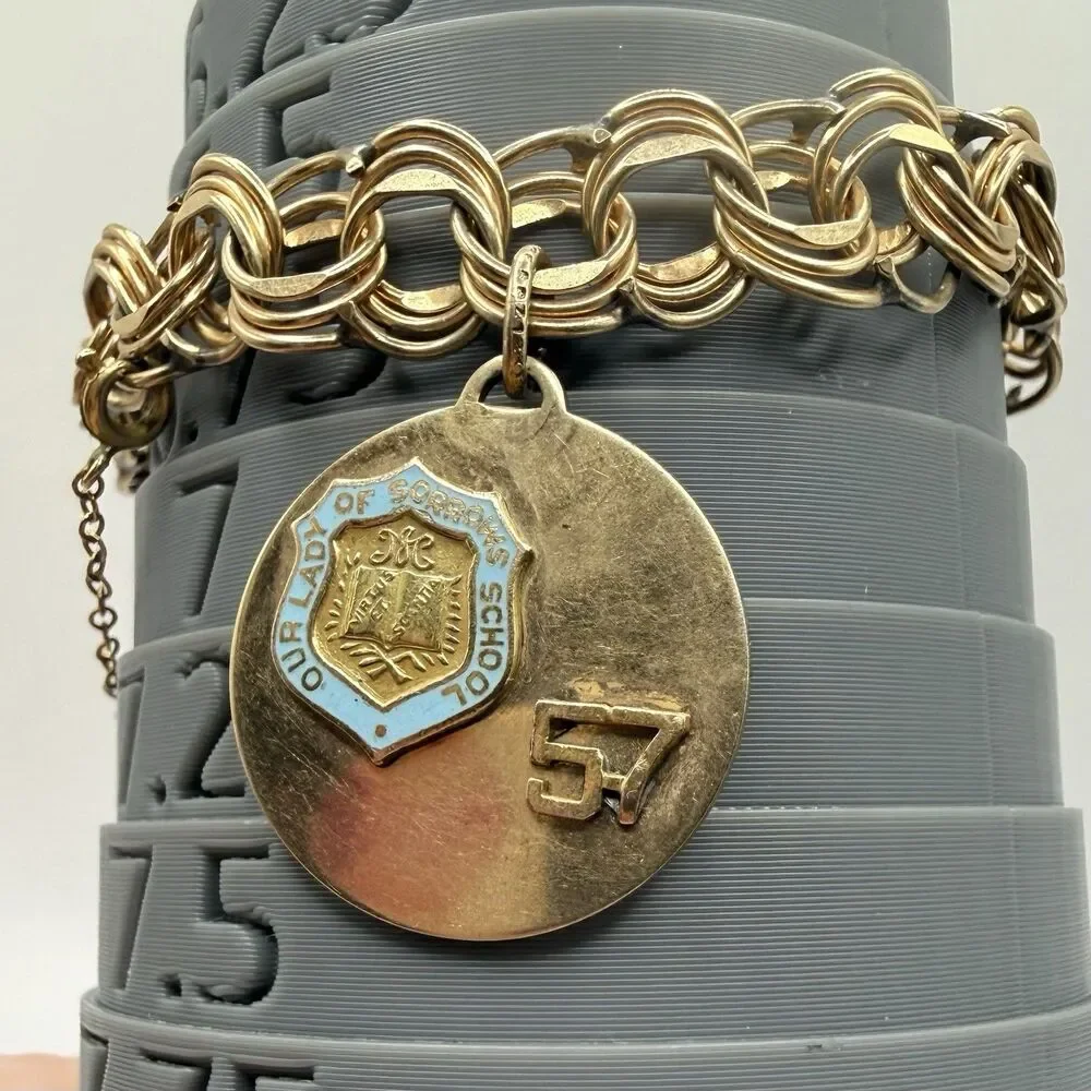 Vintage Estate 12k Gold Filled Double Link Charm Bracelet School 1950s 1960s 22g